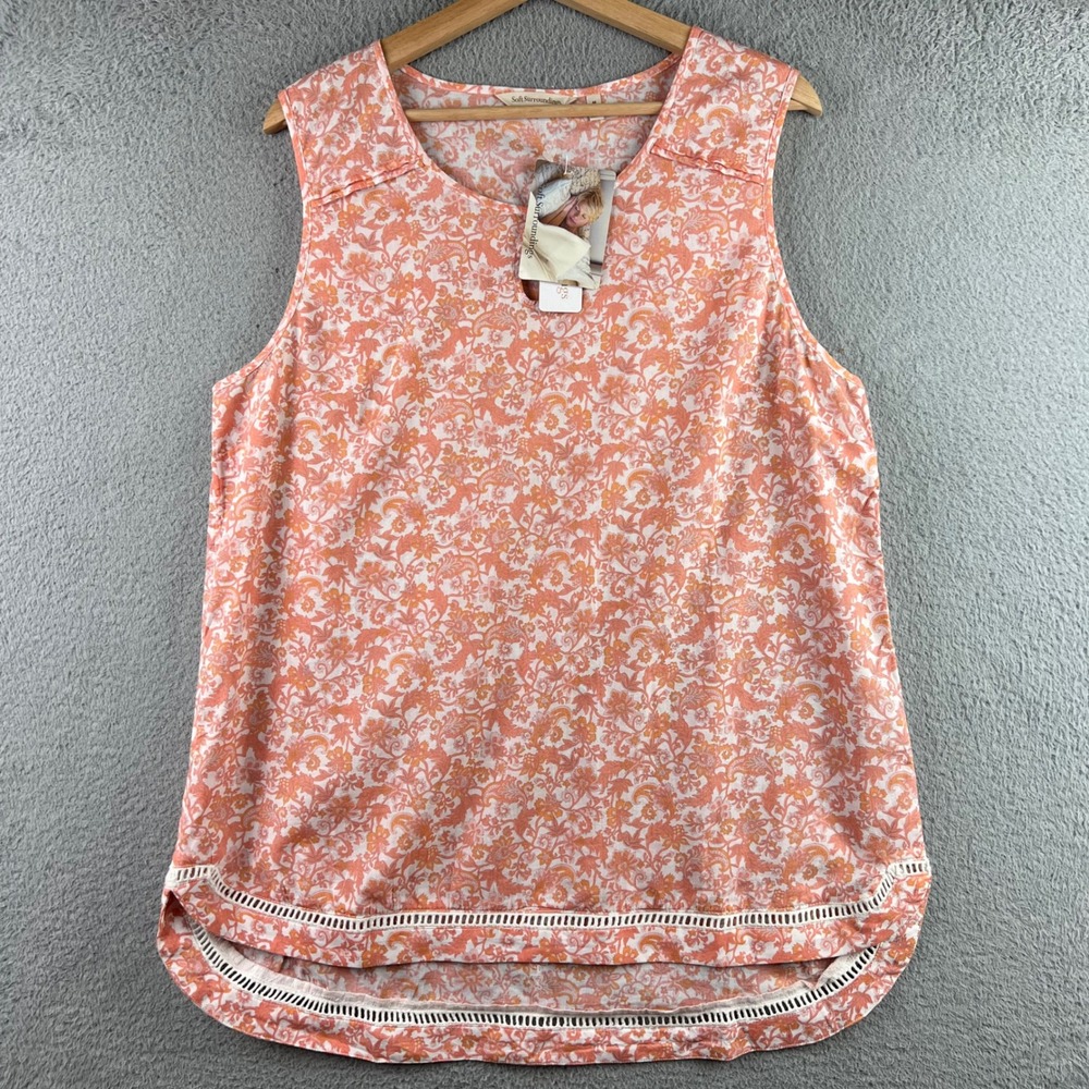 New Soft Surroundings Pure Calm Sleep Tank Coral Paisley Cotton Lace Trim M